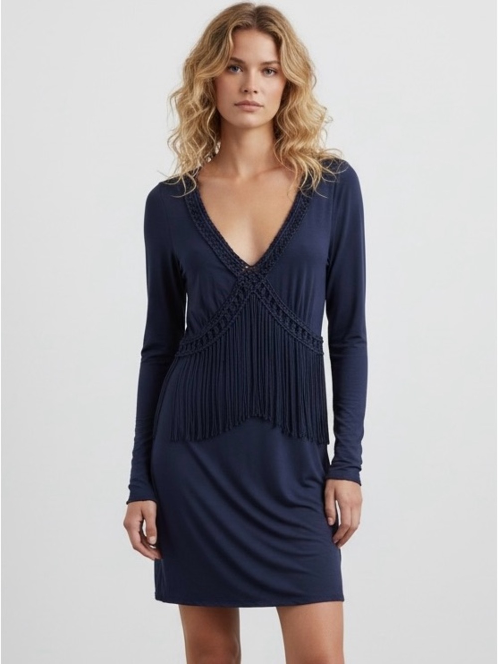 Wrap Long Sleeve Fringe Blue Western Wear Midi Bodycon Dress